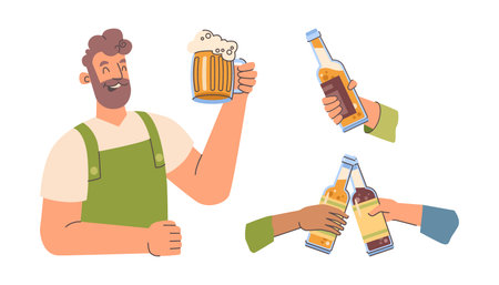 Brewer in special suit with mug of foamy craft beer. Vector isolated hands holding bottles of brew. Clicking, cheering and toasting. Octoberfest and celebration. entertainment and rest on weekendのイラスト素材