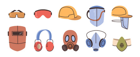Respiratory equipment for construction or manufactory workers. Vector in flat style, isolated set of safety items for eyesight and hear. Helmet with protective film, mask and googles, headphonesのイラスト素材