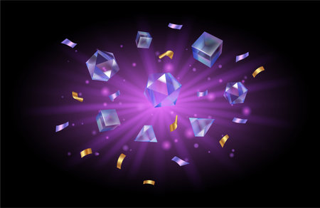 Diamonds or transparent crystal stones with confetti. Vector realistic celebration of victory, casino or gambling banner decoration. Jewelry sparkling gems with shiny and glittering effectのイラスト素材