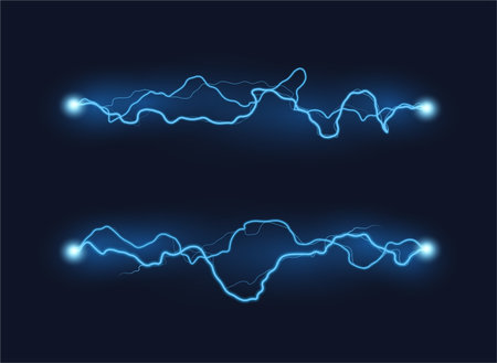 Electric strike, magic electricity hit and thunderbolt. Vector realistic set of blue glowing light with discharge of energy and power. Bolt for weather and landscape design, game assetsのイラスト素材