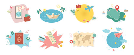 Summertime vacation, weekends and trips. Vector flat style, isolated set of signs. Tickets and boarding passes, passport id document, mobile application for travelers, credit card trendy wanderlustのイラスト素材