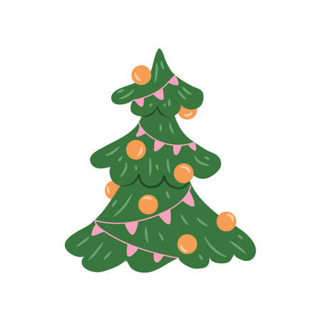 Christmas tree decorated with festoon and balls. Vector Xmas celebration and winter holidays, new year decor with baubles and garlands glowing and shining. Home coziness and season preparationのイラスト素材