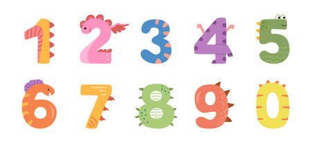 Learning numbers with funny and cute dinosaur fonts. Vector in flat style, isolated graphic for...
