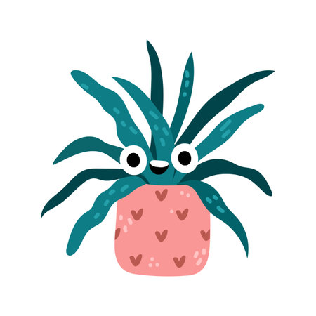 Cute character with funny facial expression. Vector in flat style, isolated flowerpot with long leaves and lovely pot with hearts. Succulent in florist shop, decoration for home interiorのイラスト素材