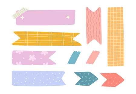 Stickers or empty feminine bookmarks for planner, organizer or reading book. Vector in flat style, isolated set of cute simple stripes of paper, sticky notes or stamps with girlish patternのイラスト素材