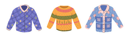 Xmas ugly sweaters with classic winter patterns and ornaments. Vector isolated set of Christmas time clothes with pine trees and stars, geometric decor and snowflakes. Seasonal clothingのイラスト素材