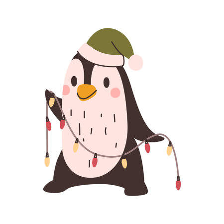 Cute Christmas character, isolated penguin personage wearing santa claus hat and holding garlands. Vector in flat style, friendly and smiling birdie. December fun and xmas holidays celebrationのイラスト素材