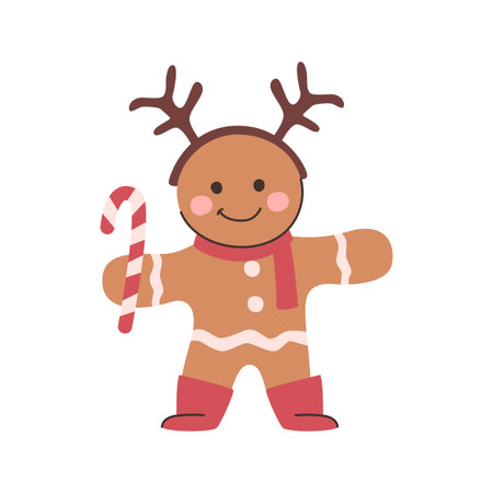 Christmas personage, isolated cute xmas gingerbread man with antlers, scarf and boots, sweet candy stick. Vector in flat style, seasonal decoration for pine tree, cookies for celebration of holidayのイラスト素材