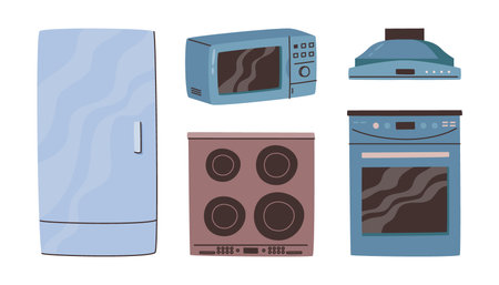 Electric kitchen appliances set for cooking and storing food. Vector isolated range hood, refrigerator and microwave, stove and oven. Storage and preservation, reheating and defrosting devicesのイラスト素材