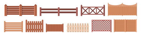 Wooden fences and palisade horticultural walls. Vector isolated cartoon collection of farm or rural barriers and gates from wood timber. Garden railings, agricultural or house boundaries elements setのイラスト素材