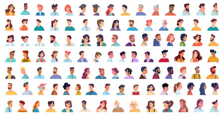 People portraits in profile view. Vector women and men of different nationalities and social classes of society. Multiethnic icons of cartoon personages. Employees and teenagers, students and workersのイラスト素材