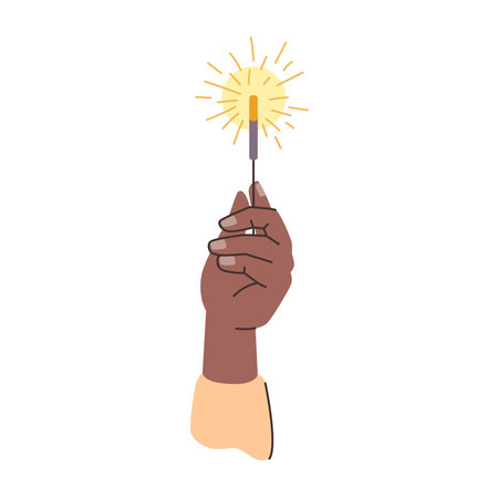Sparklers in human hand, isolated afro american man holding sparkling bengal or firework stick. Vector New Year, birthday or Christmas celebrating with brief brilliant points or flashes of lightのイラスト素材