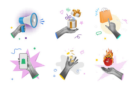 Offers and special gifts for customers. Vector collage 3d for promotional banners. Sales and discounts in shop or store. Hand with coins, burning clock, present and megaphone announcementのイラスト素材