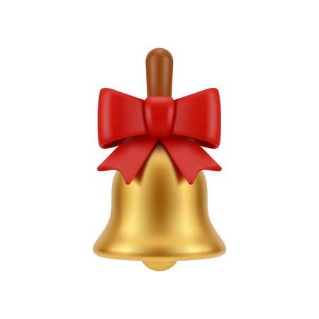 Jingle bell, christmas decoration with ribbon. Vector in 3d style, isolated traditional xmas design. Golden item for chiming, holly jolly season, celebration of winter holidays, new year toysのイラスト素材