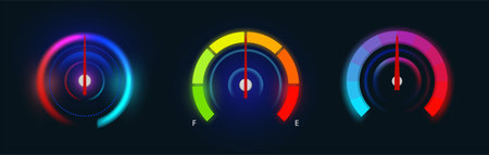Car speedometer gauges with neon light panel and dials. Vector dashboard indicators on tachometers. Speed meter mph readouts with loading bars and battery, fuel and velocity level scalesのイラスト素材