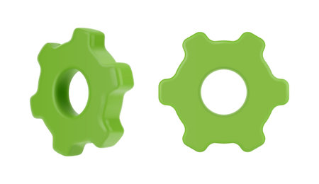 Mechanical systems component to transmit torque after motion, isolated gear wheels. Vector 3d devices for factor industry. Cogwheels set, side and front view. Technical metal cogs, engine constituentsのイラスト素材