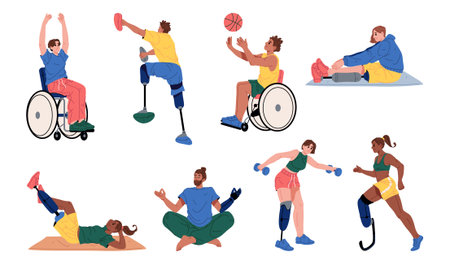 Training people with disability. Vector isolated disabled people exercising and playing basketball, climbing and doing yoga. Athletes and champions with prosthetic arms and legs, overcoming oneselfのイラスト素材