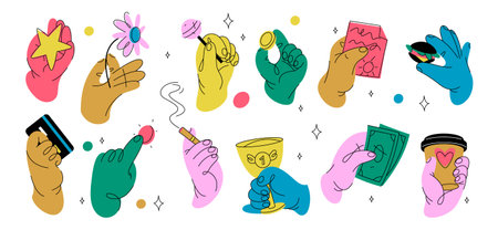 Hands holding items. Vector isolated cartoon arms with star and flower, lollipop and coin, credit card and cigarette, coffee and hamburger, money and winner cup. Palms with every day objectsのイラスト素材