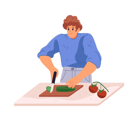 Everyday life of man, isolated male personage making salad dish in morning or evening. Vector daily routine of guy character cutting cucumbers and tomatoes. Preparing breakfast or lunchのイラスト素材