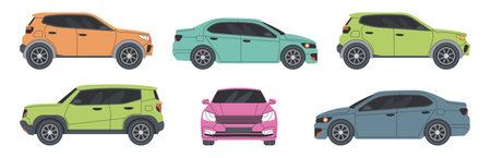 Repaired cars in auto service workshop. Vector set of automobiles in different angles. Vehicles fully serviced and ready. Car maintenance and professional auto repair. Mechanic inspection and serviceのイラスト素材