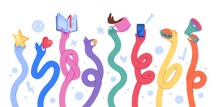 Long flexible comic hands holding different objects. Vector curved arms with star and heart, book and coin, coffee cup and phone, hamburger and speaker. Playful composition of motion and imaginationのイラスト素材