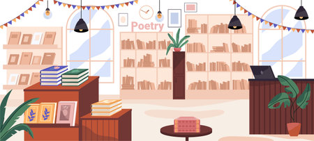 Modern bookstore interior with shelves full of books, posters and decorations. Vector comfortable reading environment with garlands and flowers. Education, literature and art. Culture and studyingのイラスト素材