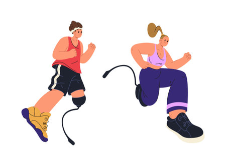 Disabled man runner with artificial limbs jogging. Vector in flat style, male athlete with prosthesis legs running at marathon race. Male and female personages leading active lifestyleのイラスト素材