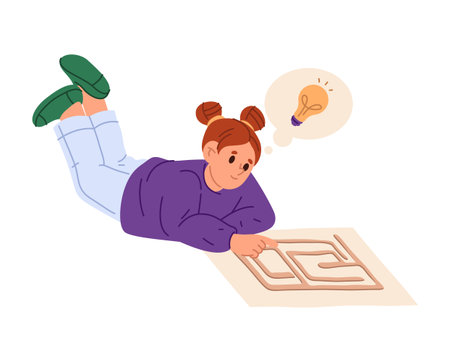 Kid girl solving puzzles and improving logic skills. Vector in flat style, isolated child character trying logical thinking on labyrinth game. Schoolgirl education and development of thoughtsのイラスト素材