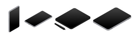 Smartphones with touchscreen and special pencil for comfortable using. Vector isolated isometric cell phones collection. Modern portable technologies for communication, talking and personal monitoringのイラスト素材