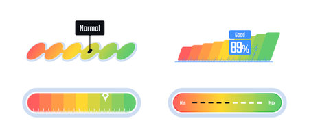 Normal speed status, speedometer graphic set. Vector scale score of rapidity, levels and meter, tachometer performance and rating. Gauge dashboard with indicator arrows, credit stageのイラスト素材