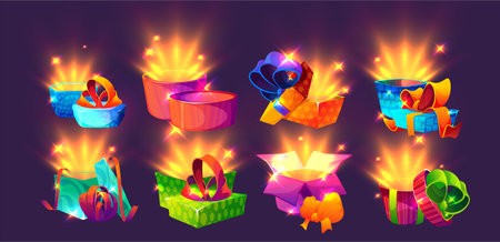 Cartoon open gift boxes with decorative bow. Vector cardboards set of emitting magical glowing light and sparkling elements. Surprise and joy. Special event designs with enchanting effectsのイラスト素材