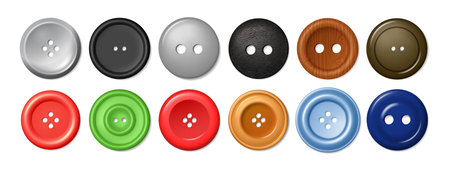 Buttons set, isolated realistic studs. Vector fashionable and stylish plastic accessory for sewing clothes. Tailoring and dressmaking atelier, assortment and variety of beads for outfitsのイラスト素材