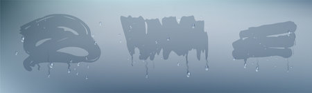 Wiped misted glass or mirror. Vector realistic, misty surface with condensation or vapor from bathroom. Window at winter, liquid drops falling down. Wipe stains made by hand or fingersのイラスト素材