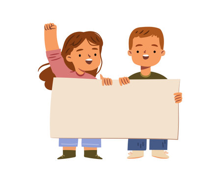 Cute young characters protesting with blank placard. Vector girl and boy holding clean signboard and rising hand up. Children on school meeting or event with banner. Kid focused announcementsのイラスト素材