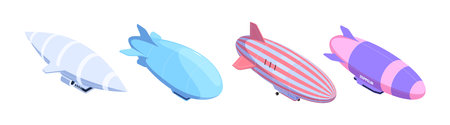 Airships and mobile hot air balloons with cabins and baskets. Vector vintage air transport, aviation...