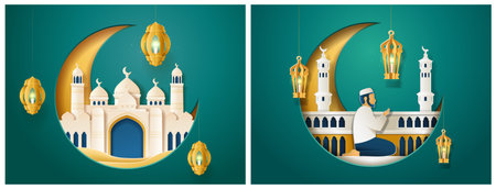 Ramadan paper cut style poster. Vector mosque domes and crescent moon, glowing lanterns and person praying. Traditional Islamic motifs. Greeting cards elements, cultural and festive design for Ramadanのイラスト素材