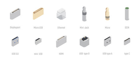 Different device port outputs set. Vector Display port and various type of USB, micro and mini,...