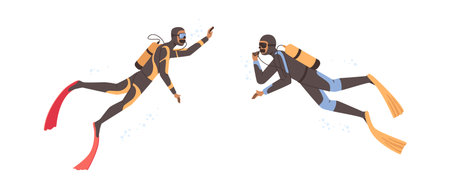 Water activities in summer or underwater exploration. Vector isolated characters wearing goggles and flippers swimming underwater. Scuba diving and snorkeling, active rest in resort in summertimeのイラスト素材