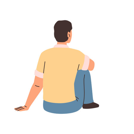 Man siting on floor leaning on hand and bending legs. Vector isolated cartoon character on social gathering. Male watching and listening concert or speech. Resting or relaxing pose of guyのイラスト素材