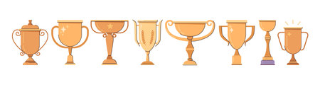 Prizes and awards, isolated golden trophies for winners and champions. Vector in flat style recognition for leadership or contest, ceremony of giving rewards. Goblets and cups with handlesのイラスト素材