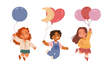Cheerful cartoon characters with helium objects. Vector isolated boy and girls joyfully jumping with balloons. Kids in mid air with inflatable toys. Festive and joyful event for childrenのイラスト素材