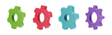 Cogwheel gear, 3d setting symbols collection. Vector isolated set of rotating machine parts with cut teeth or cogs, side view. Mechanical systems component to transmit torque after motionのイラスト素材