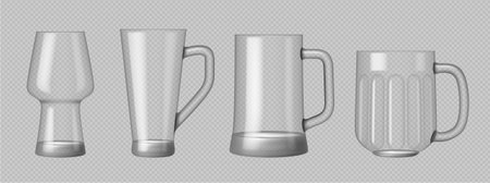 Empty beer mugs with handles for serving alcoholic beverage, cider or lager. Vector in realistic style, isolated set of glassware for restaurant, brewery or pub. Simple tableware for alcoholのイラスト素材