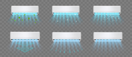 Air conditioner with fresh cold air wind, isolated set of home electric appliances. Vector realistic purifier conditioning effect for house. Cooling and chilling temperature, climate controlのイラスト素材