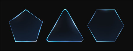 Transparent glass framed with glowing neon light. Vector luminous borders for home decor, advertising or artistic installations. Isolated set of triangular, pentagon and hexagon barriersのイラスト素材