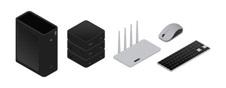 Electronic bluetooth devices and portable tools collection. Vector isolated data storage, system...