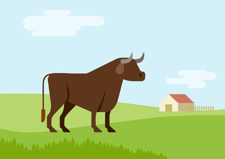 Bull farm grass field habitat background flat design cartoon vector animals. Flat zoo nature children collection.のイラスト素材