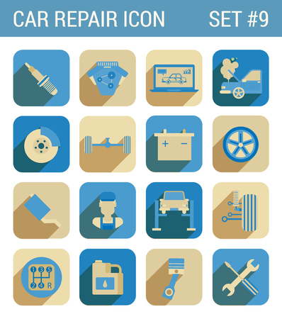 Car repair service flat icons set spark repair engine chassis suspension battery brake wheel drive tow mechanic exhaust oil gearbox web click infographics style vector illustration concept collection.のイラスト素材