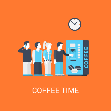 Business coffee-break concept flat icon of turn line office stuff people before coffee machine and website click for infographics design web elements vector illustration.のイラスト素材