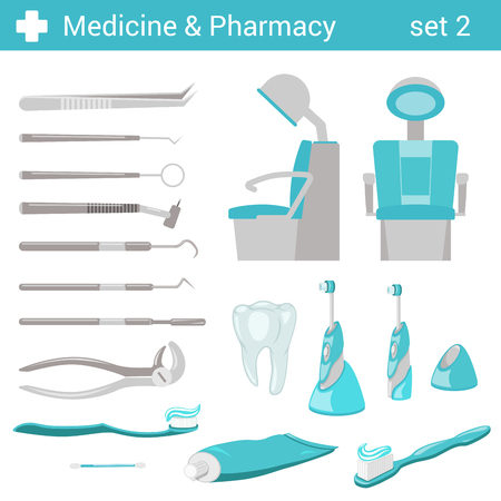 Flat style medical dental hospital equipment icon set. Dentist seat, toothbrush, toothpaste, tooth, mirror, forceps. Medicine pharmacy collection.のイラスト素材